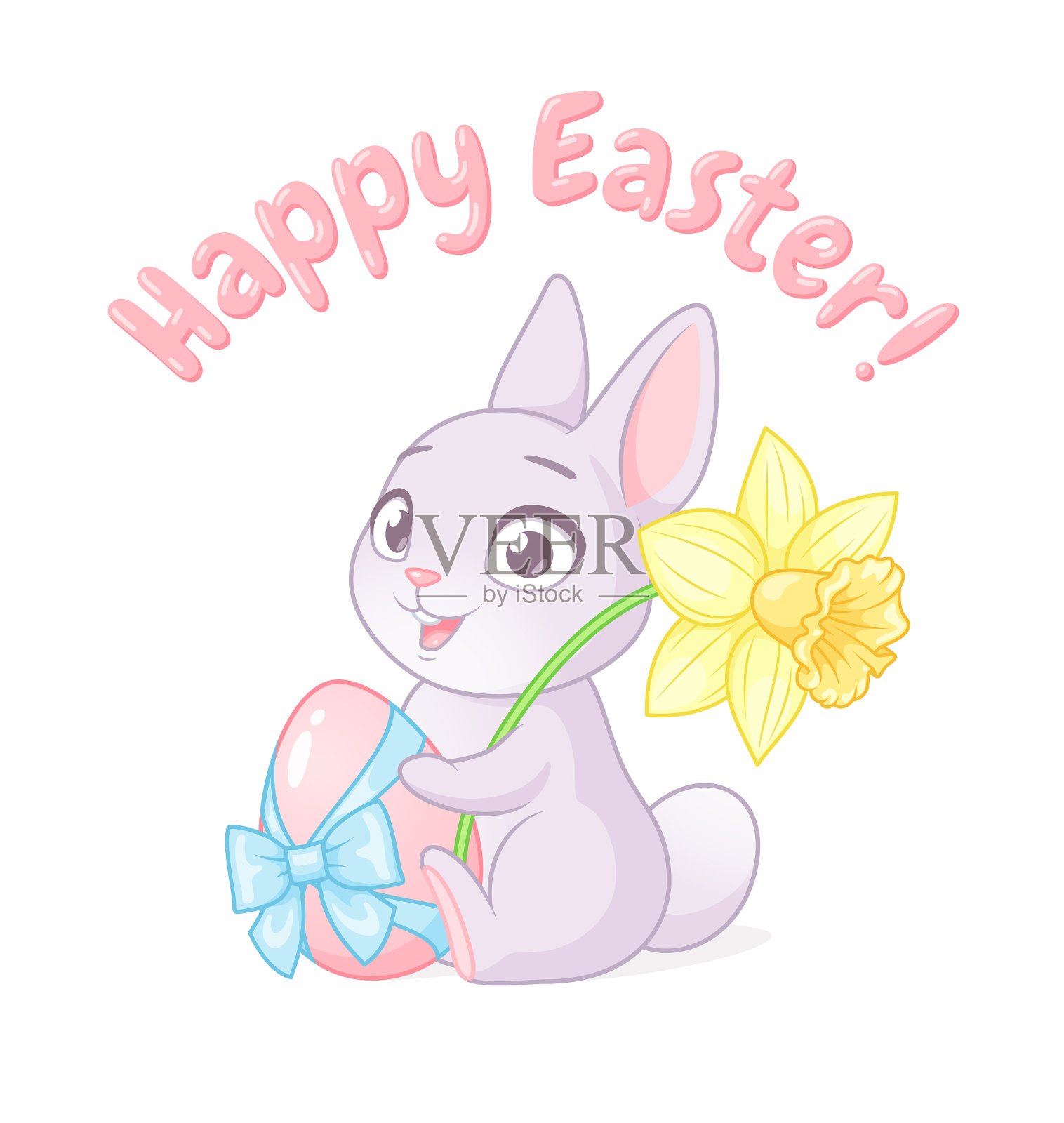 可爱的兔子抱着蛋和水仙花复活节快乐设计元素图片
