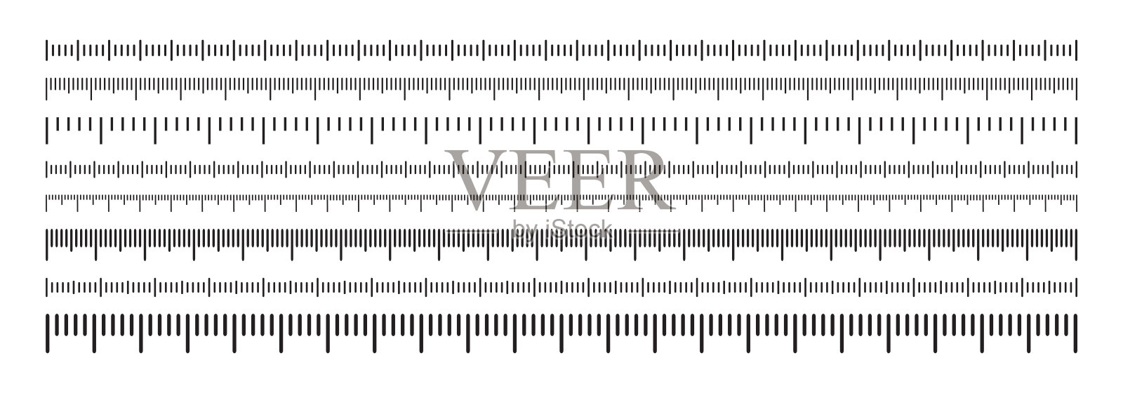 测量尺度向量集,水平标记不同单位的标尺。测量工具。大小的指标。温度计刻度。简单的说明插画图片素材