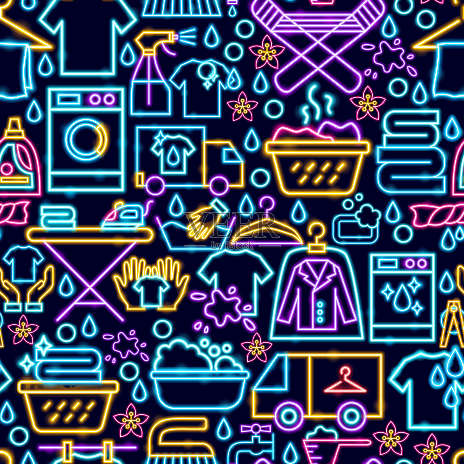 洗衣房霓虹灯无缝图案插画图片素材