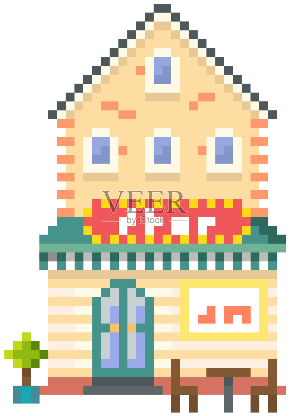 房子孤立在白色背景上。用于像素化游戏设计的带有许多窗口的公寓建筑插画图片素材