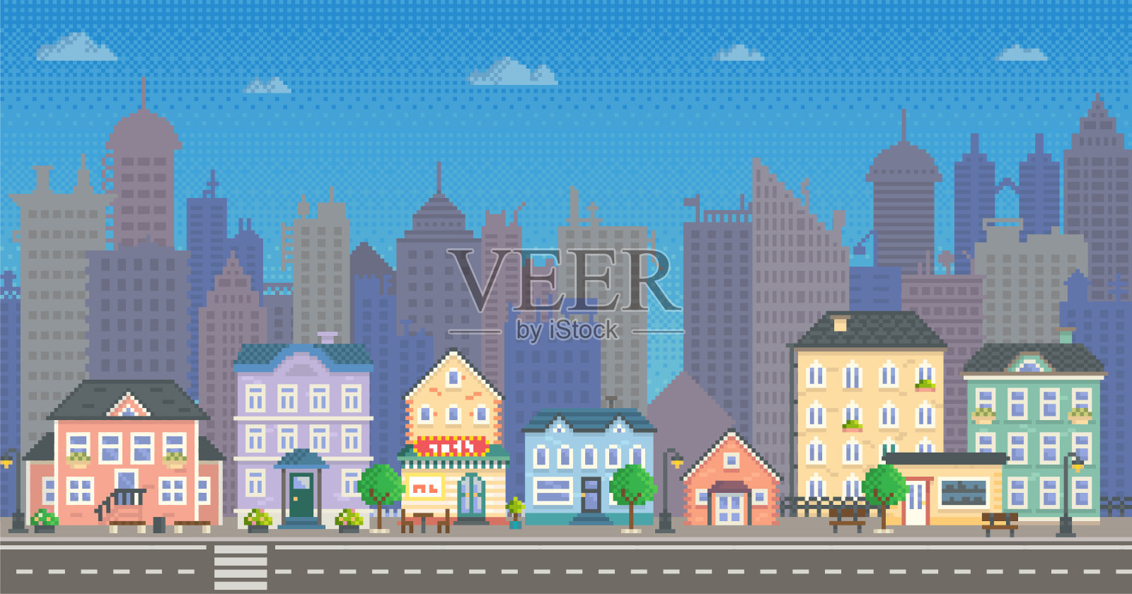 城市中心景观与摩天大楼剪影。以天空为背景的低层建筑插画图片素材