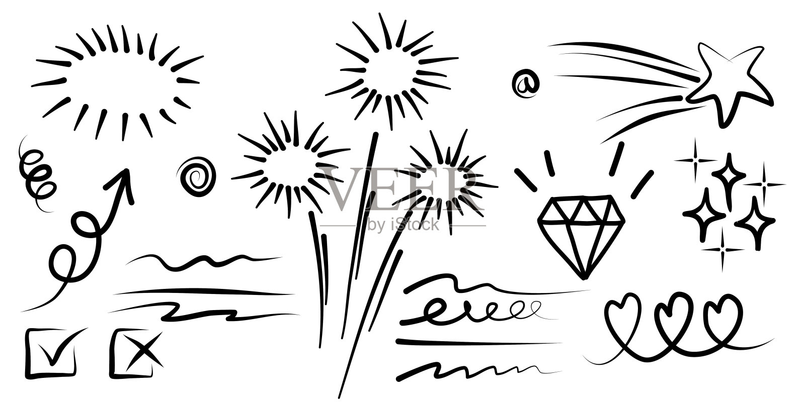 手画一套卷曲的swish, swash,俯冲。抽象的箭,箭,心,爱,星星,树叶,太阳,光,皇冠,国王,皇后,概念设计的涂鸦风格。矢量插图。插画图片素材