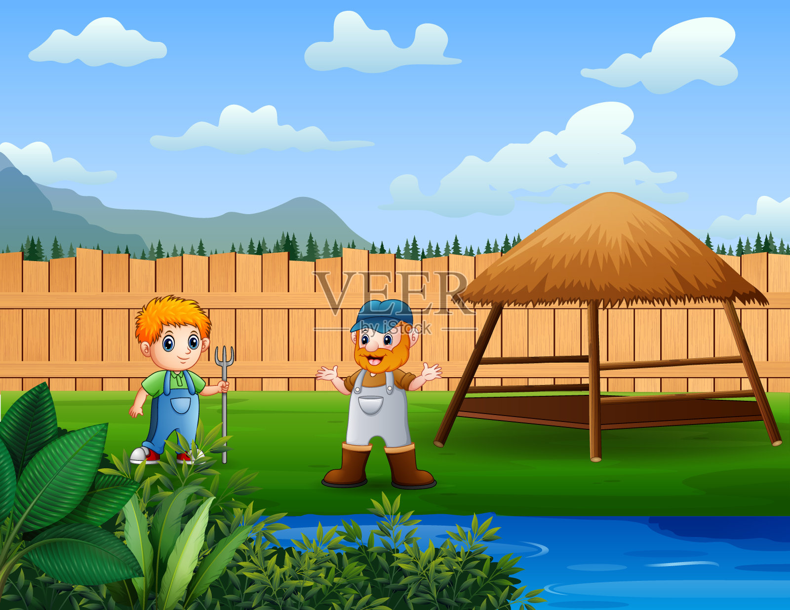 在农场里工作的农民插画图片素材