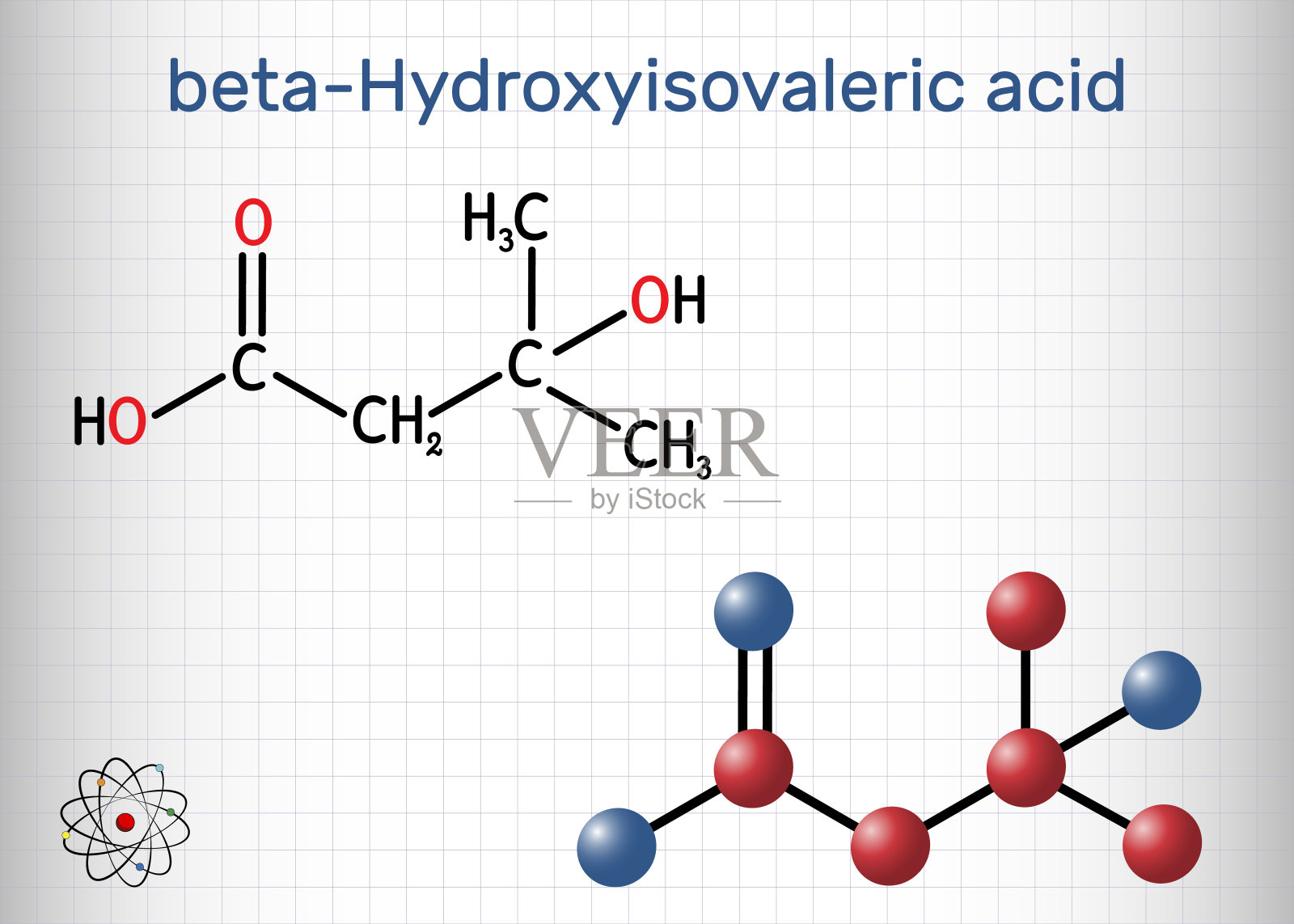 -羟基-甲基丁酸,HMB, -羟基异戊酸分子。它是生物素缺乏、亮氨酸代谢产物的指示物。笼子里的一张纸。矢量图插画图片素材