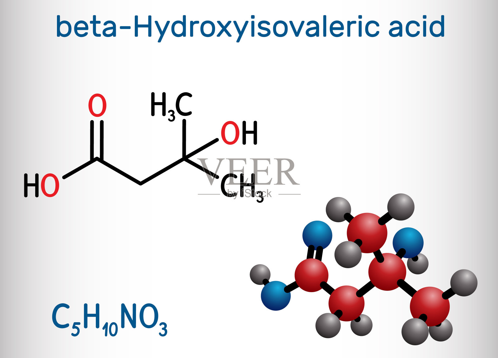 -羟基-甲基丁酸,HMB, -羟基异戊酸分子。它是生物素缺乏、亮氨酸代谢产物的指示物。结构式,分子模型插画图片素材