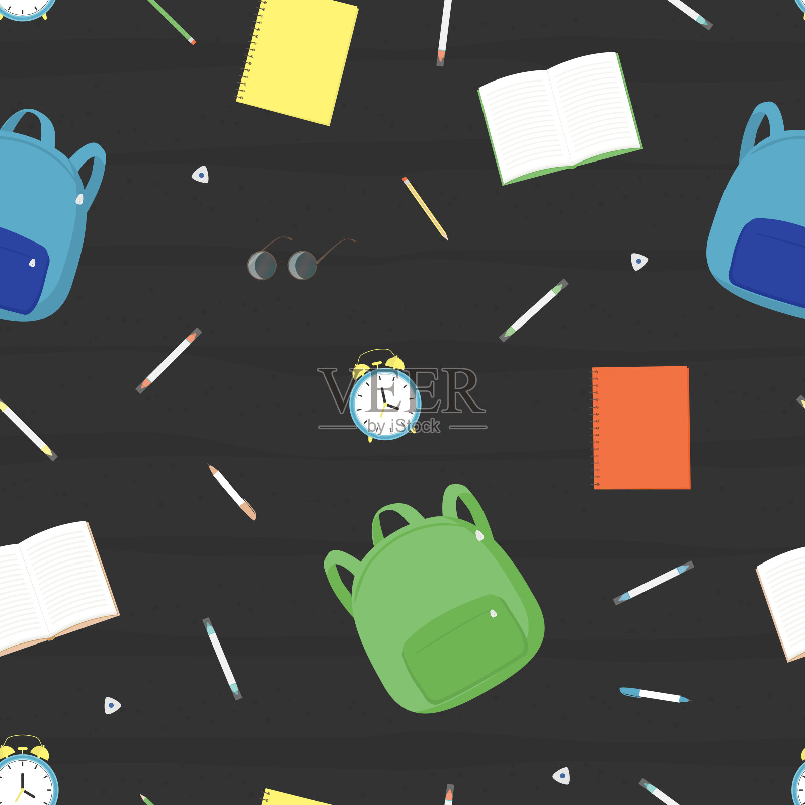 矢量无缝模式与书包,书籍,闹钟,铅笔,眼镜在黑色的背景。插画图片素材