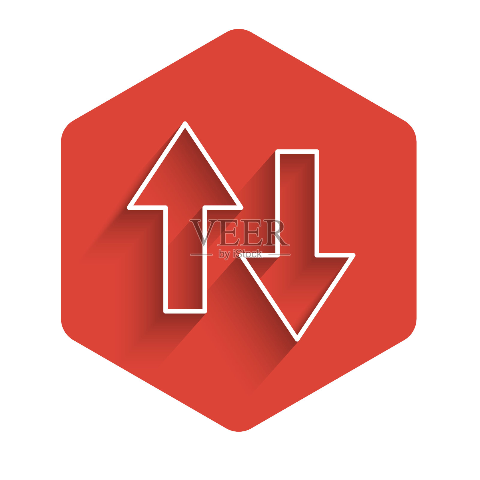 白色线箭头图标孤立与长阴影背景。方向箭头符号。导航指针的迹象。红色的六角按钮。向量设计元素图片