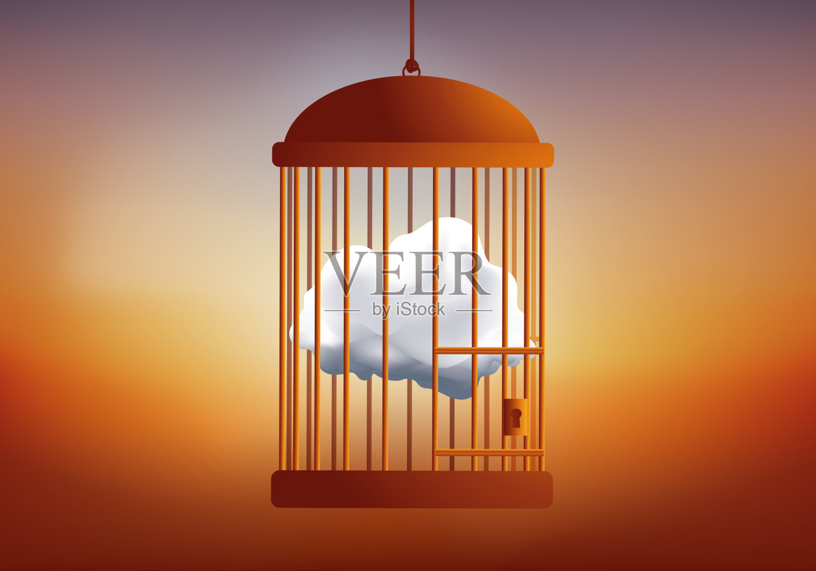 禁梦的概念用一朵云彩封闭在笼子里。插画图片素材