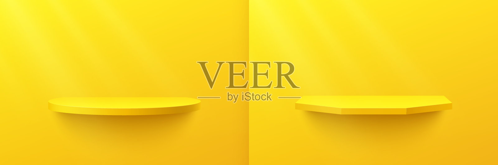 亮黄色圆柱体和六角形架子设置,台座讲台。黄色橙色的墙壁场景与窗户照明。矢量渲染三维形状,产品显示展示。抽象的工作室房间概念。插画图片素材