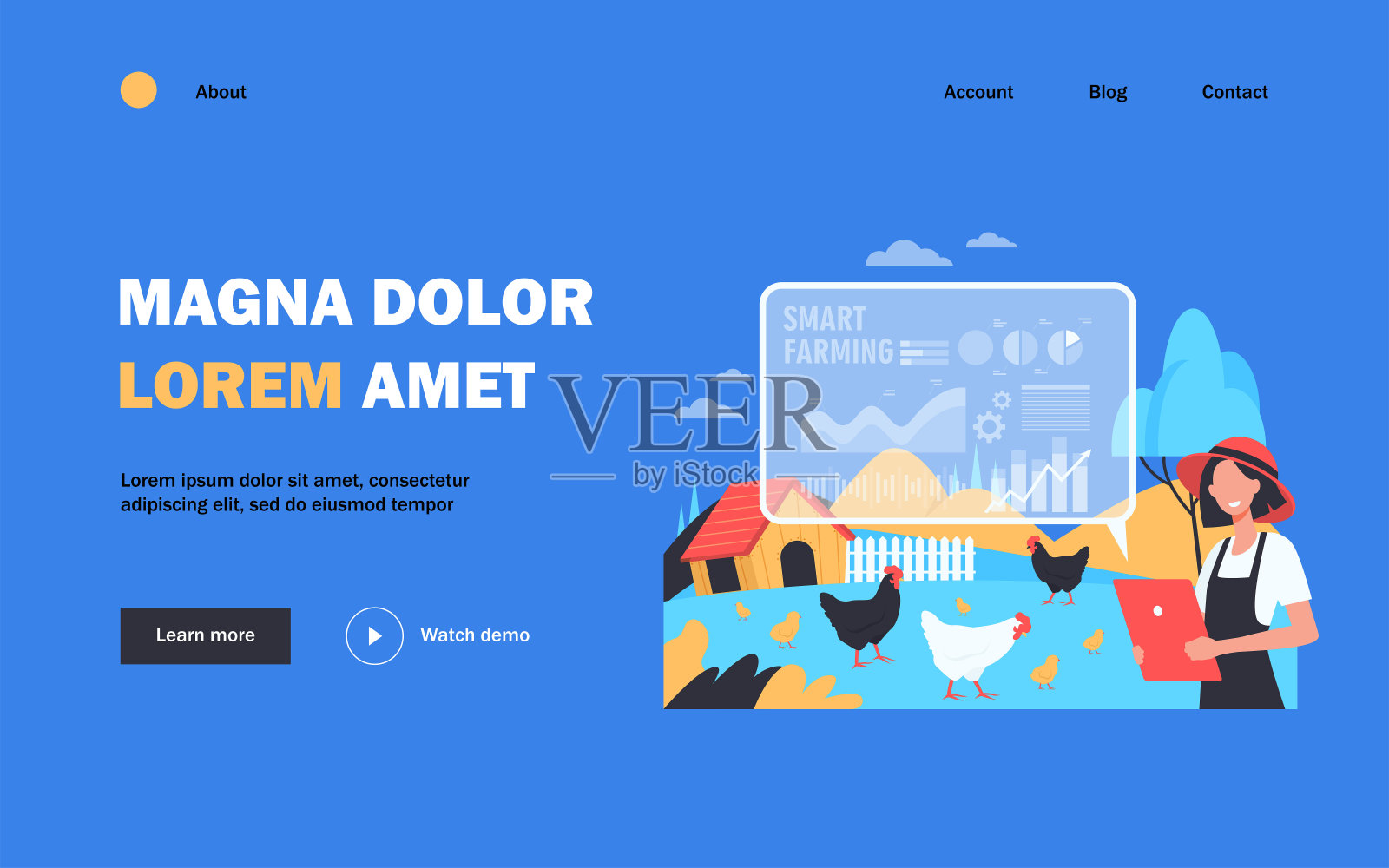 快乐的女性农民与智能农场工作插画图片素材