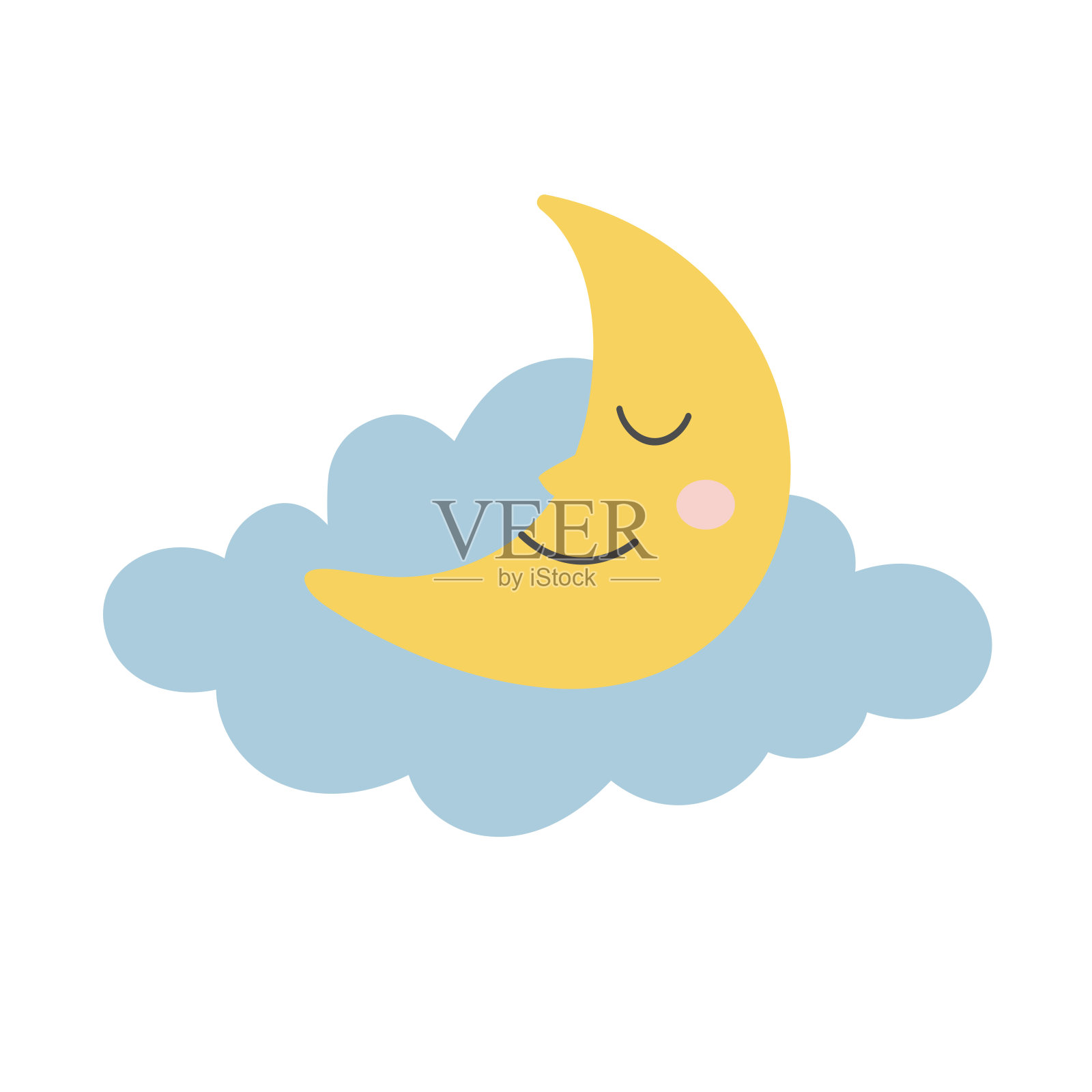 卡通手绘的有趣的月亮在云上。白色背景上的孤立矢量插图插画图片素材