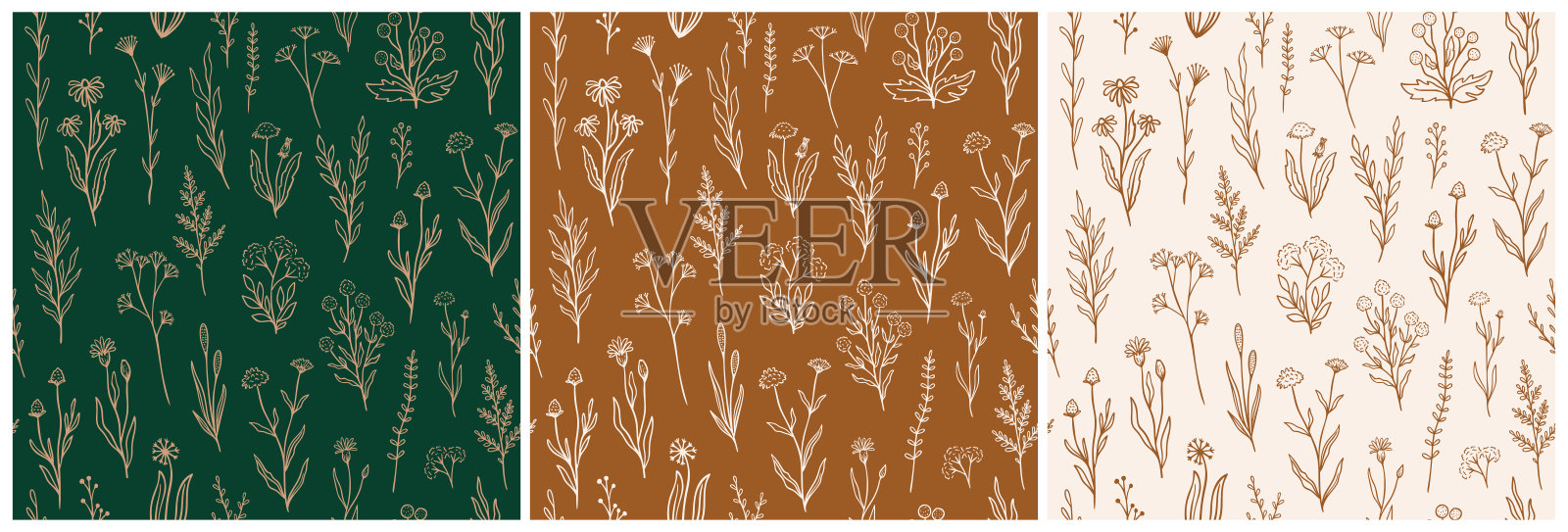 野花无缝模式设置与轮廓花。复古风格的印花设计系列与手绘花在乡村的颜色。简单的野外花卉图案包装,织物设计插画图片素材