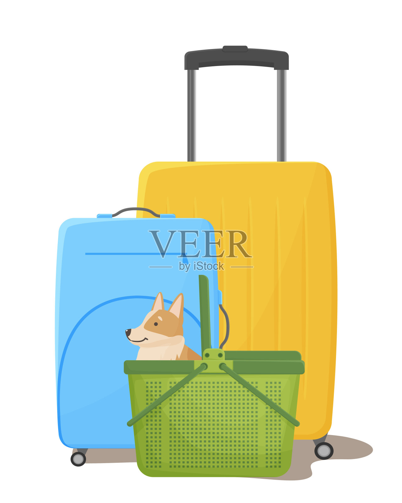 带着宠物。箱子,还有狗的提箱。一只快乐的柯基在运输笼旁。矢量插图孤立的白色背景。插画图片素材