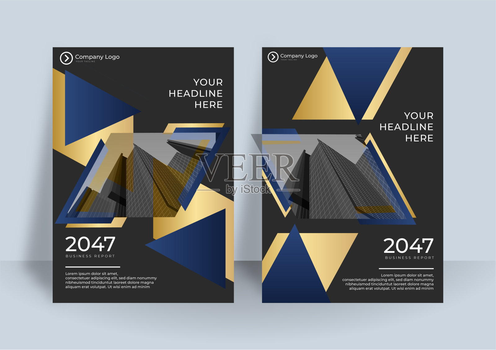 公司业务封面模板设计集深蓝色,金色,和黑色的颜色。市场营销、商业计划书、促销、广告、出版物、封面插画图片素材