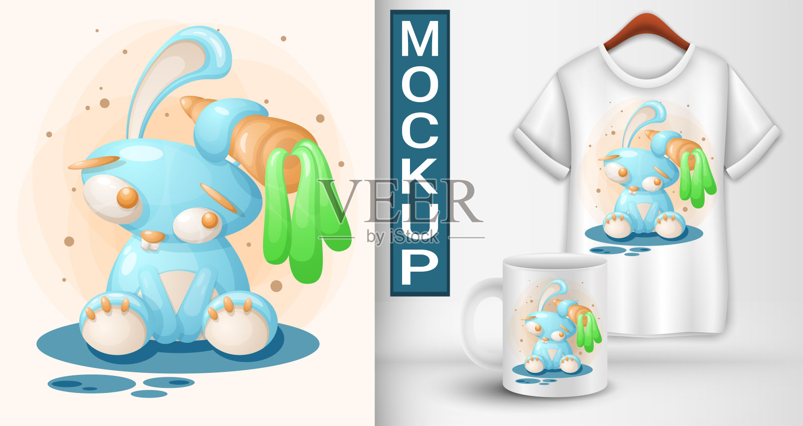 耳朵里塞着胡萝卜的卡通兔子。设计模板素材