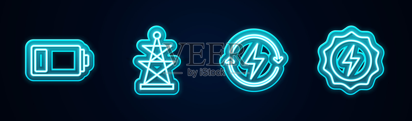 设置线路蓄电池、电塔、充电和闪电螺栓。发光的霓虹灯图标。向量图标素材