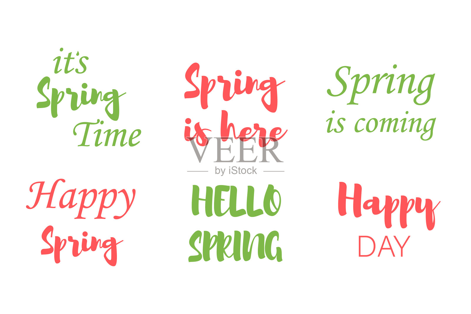 你好,春天刻字。一套可爱的手绘矢量插图。插画图片素材