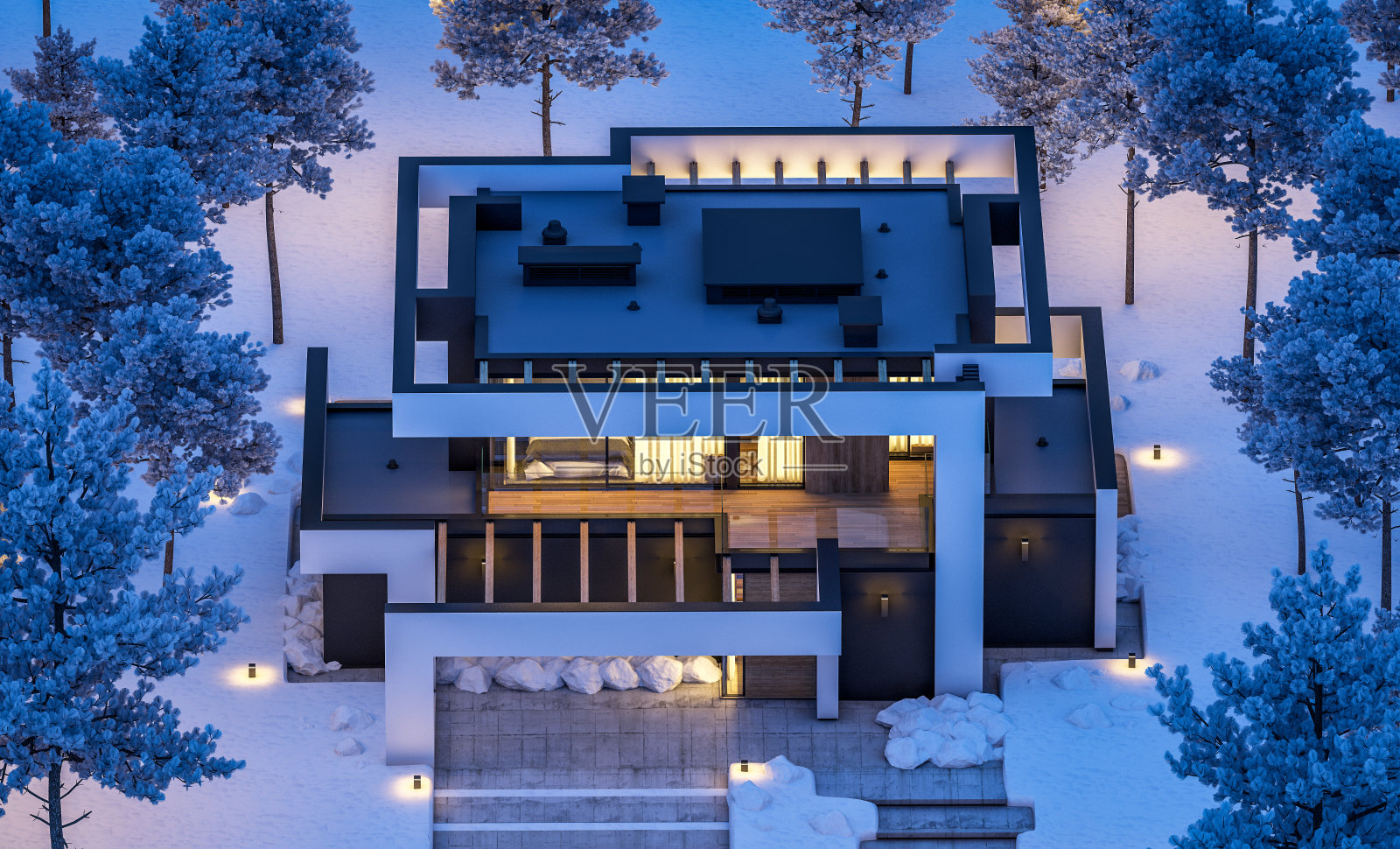 3D渲染:冬季夜晚豪华风格现代住宅照片摄影图片