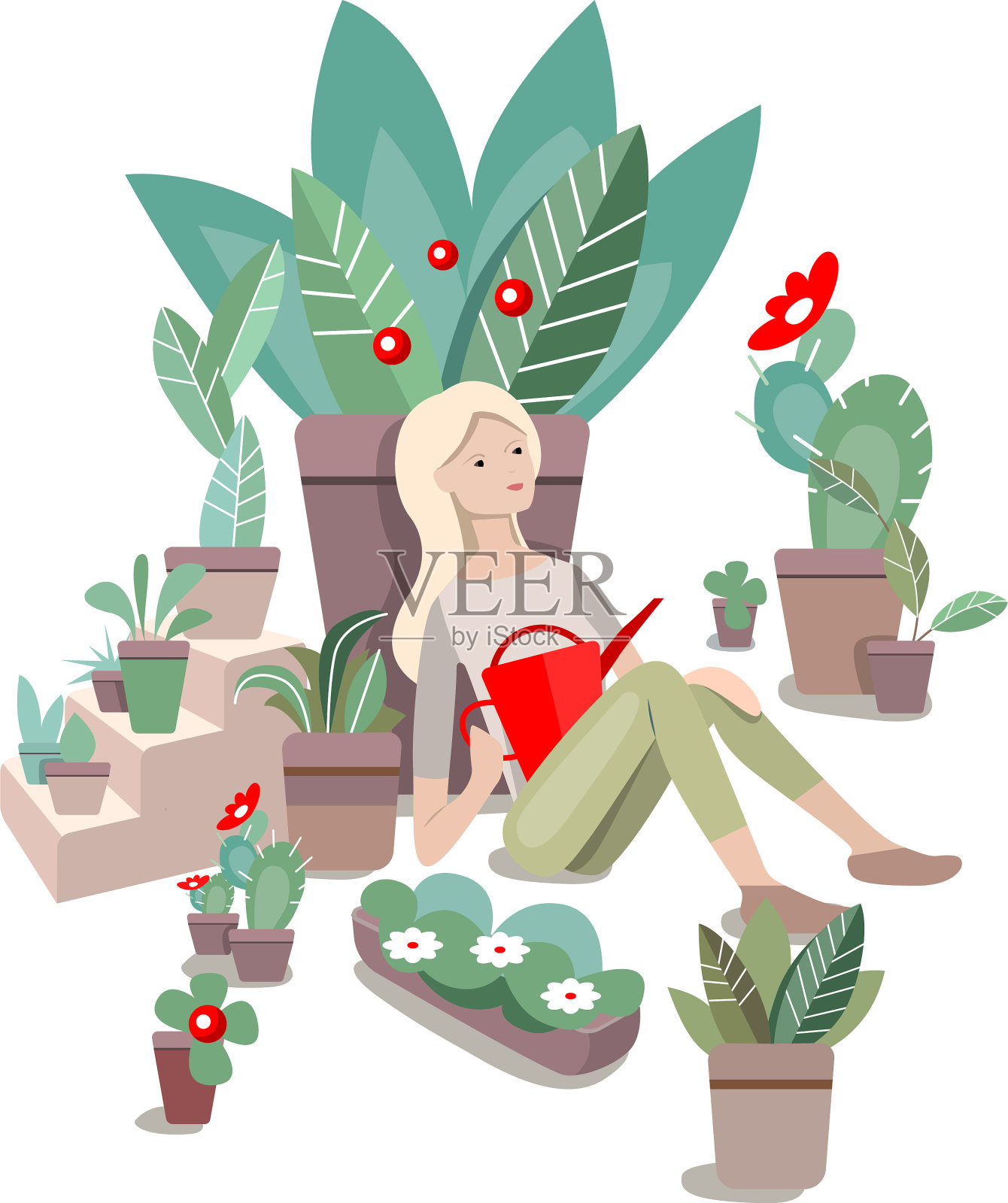 一个年轻女子拿着喷壶在她身边放松设计元素图片