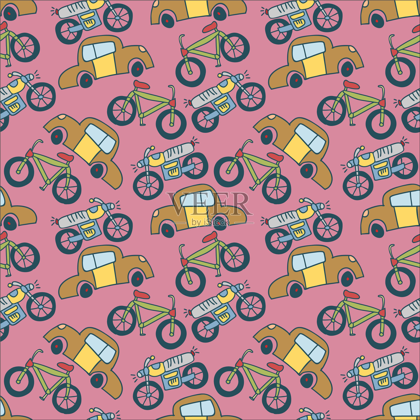 无缝模式车辆可爱的孩子手绘插画图片素材