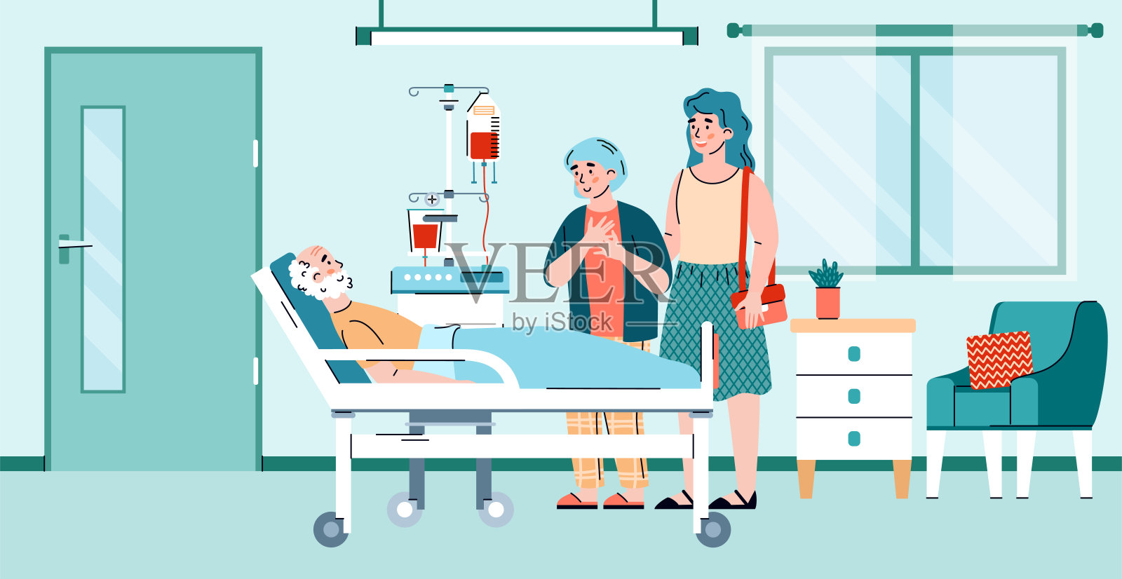 亲属探望老年患者在医院病房平面矢量插图。插画图片素材
