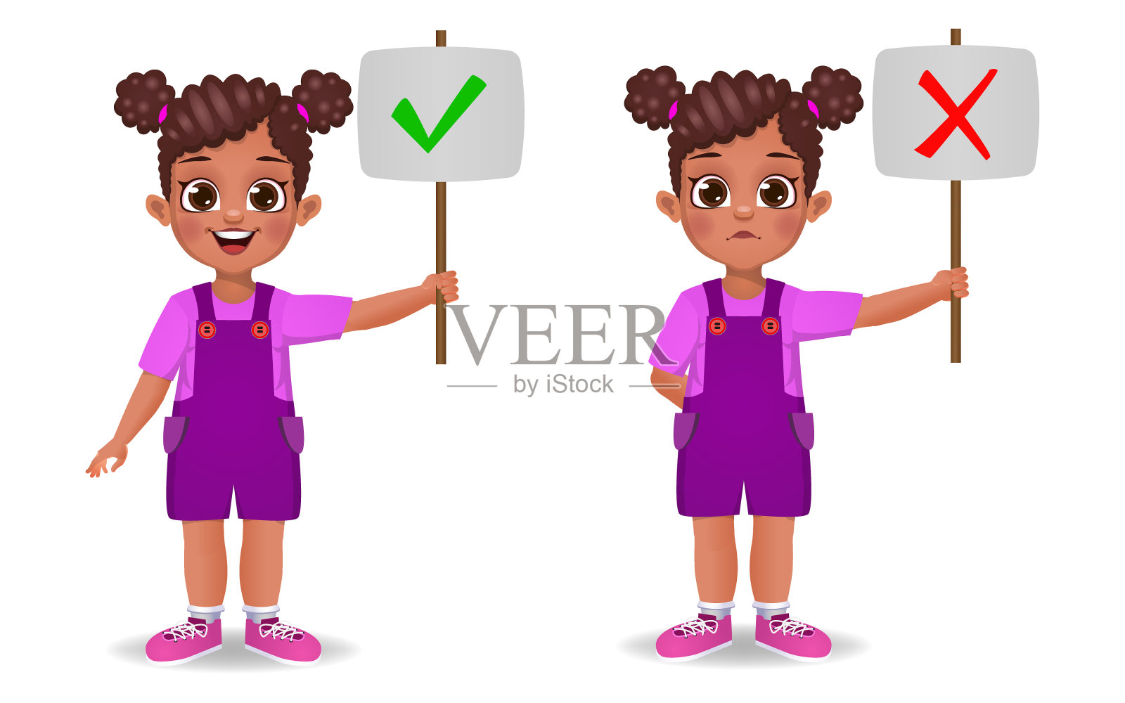 可爱的女孩展示了正确和错误的标志插画图片素材