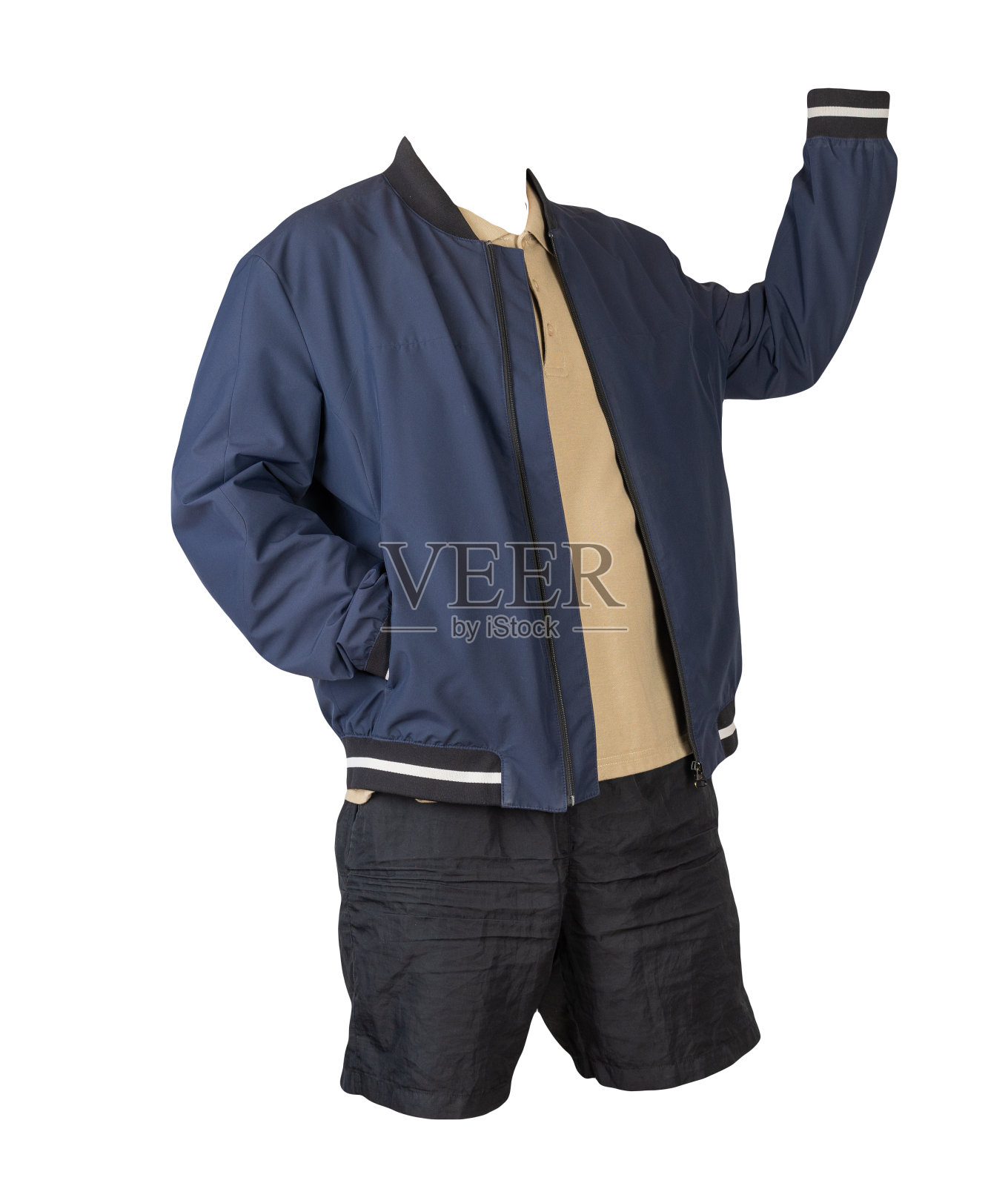 男飞行员夹克,衬衫和运动短裤孤立在白色背景。照片摄影图片