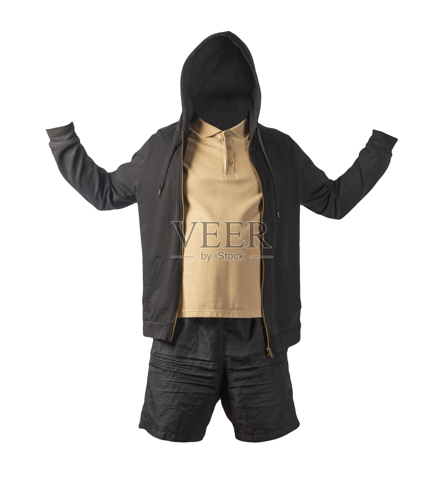 运动衫与铁拉链帽衫,衬衫和运动短裤孤立的白色背景。休闲运动服装照片摄影图片