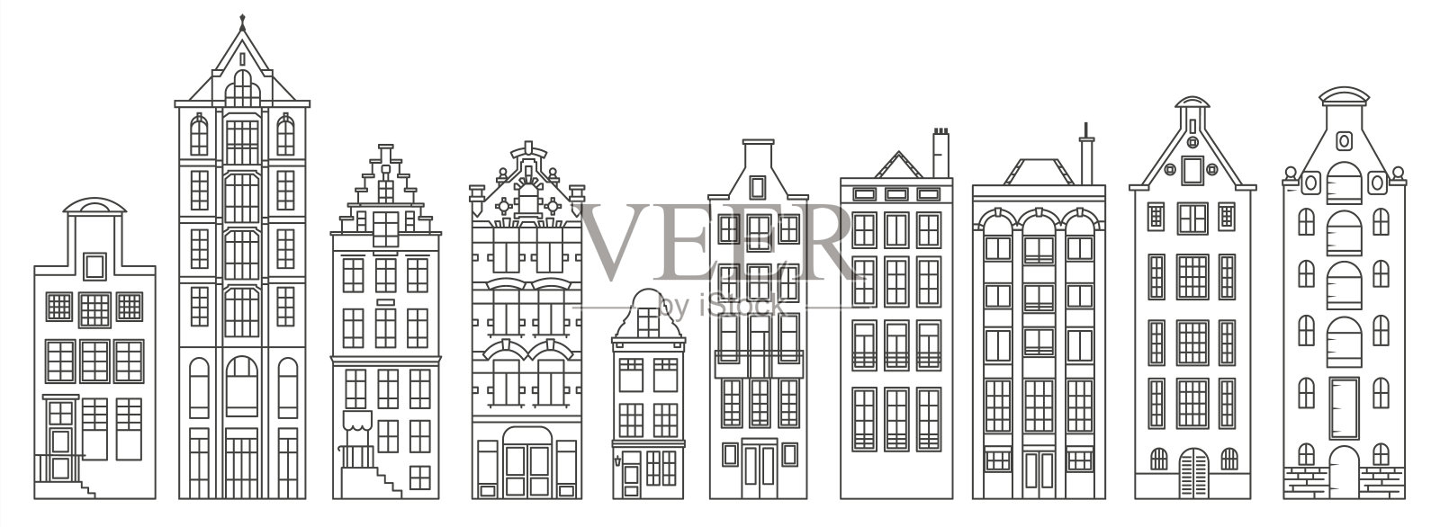 一套古老的欧洲房屋。荷兰的建筑。矢量插图轮廓。插画图片素材