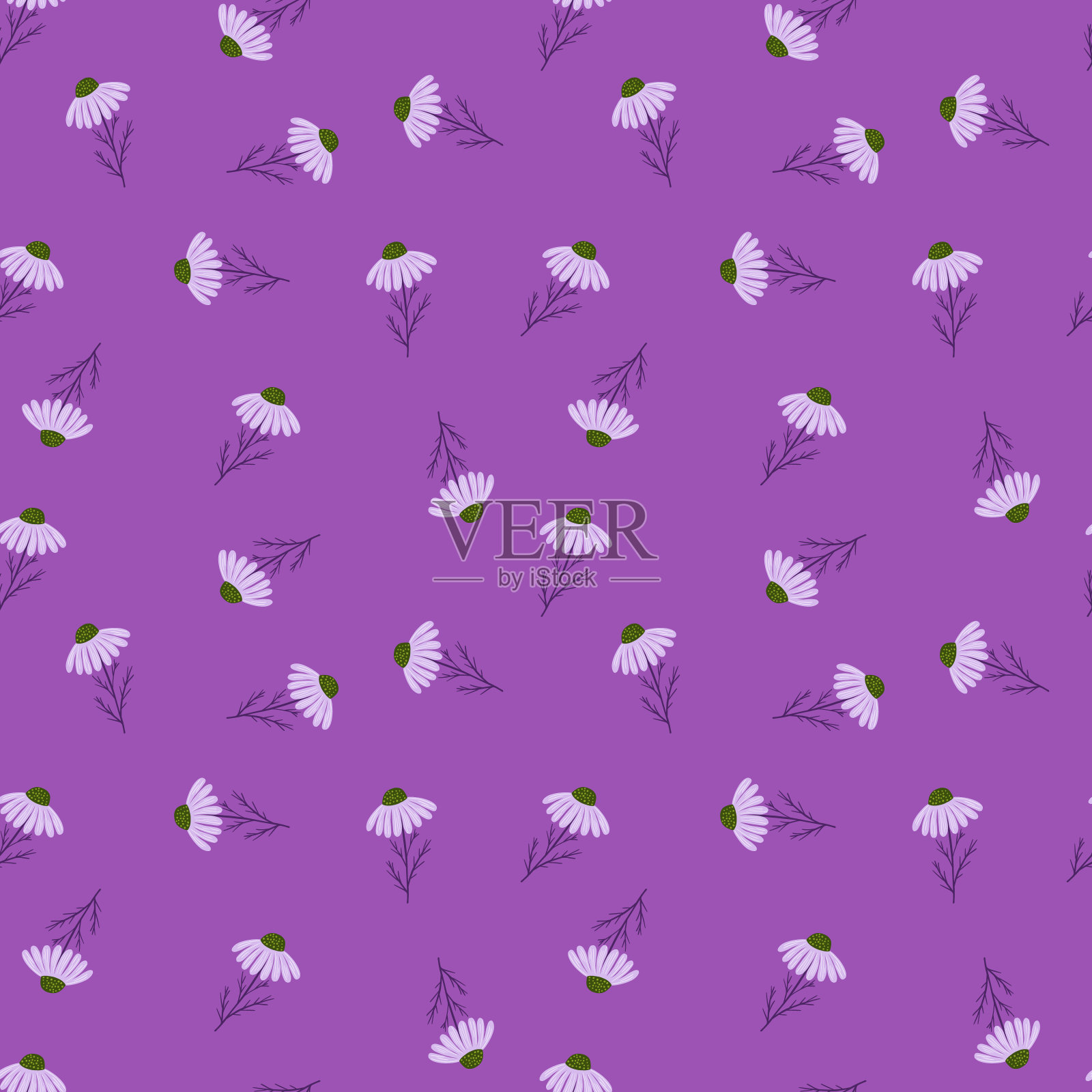手工绘制的花无缝模式与随机小甘菊花形状。淡紫色的背景。插画图片素材