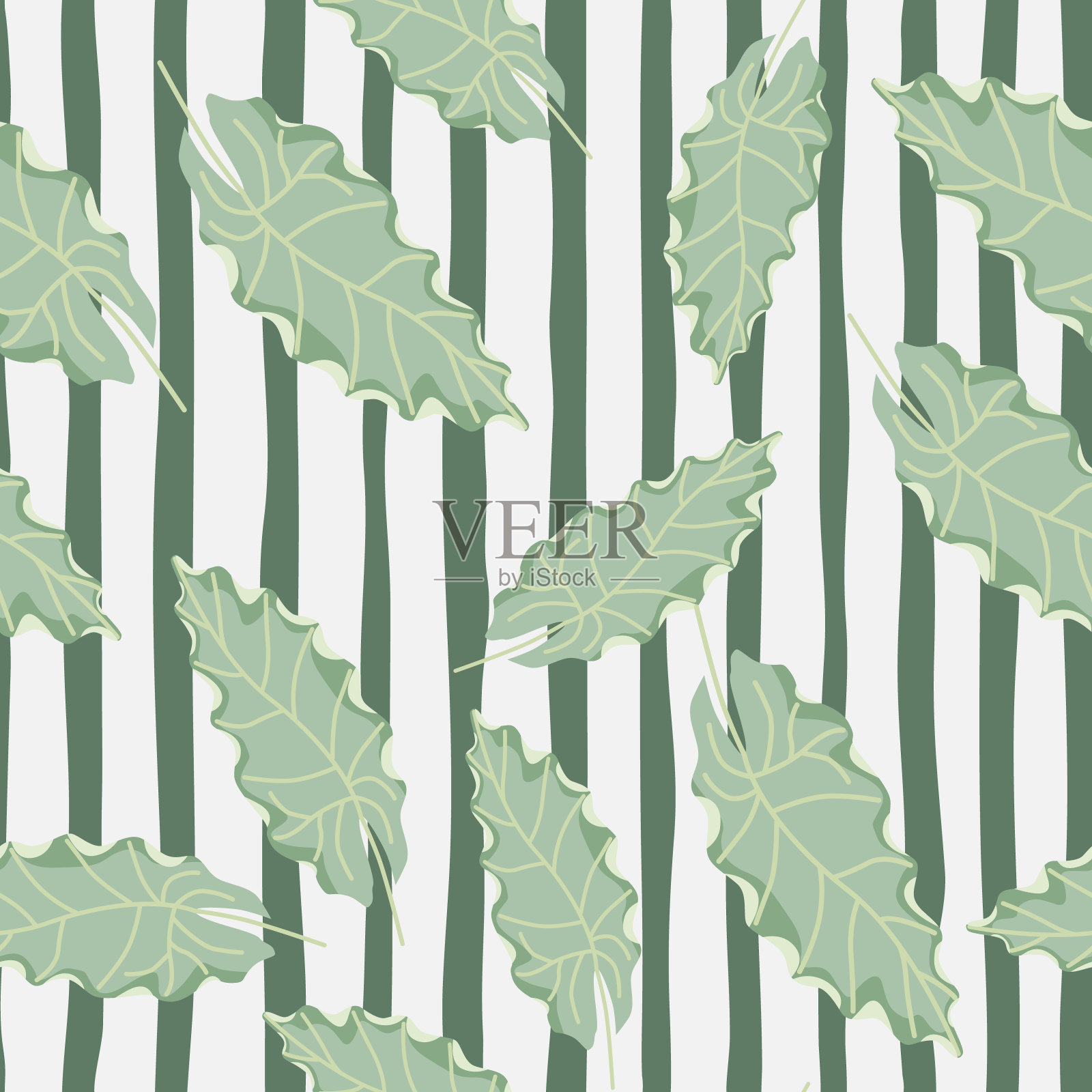 柔和的绿叶轮廓随机无缝图案。条纹背景。植物自然打印。插画图片素材