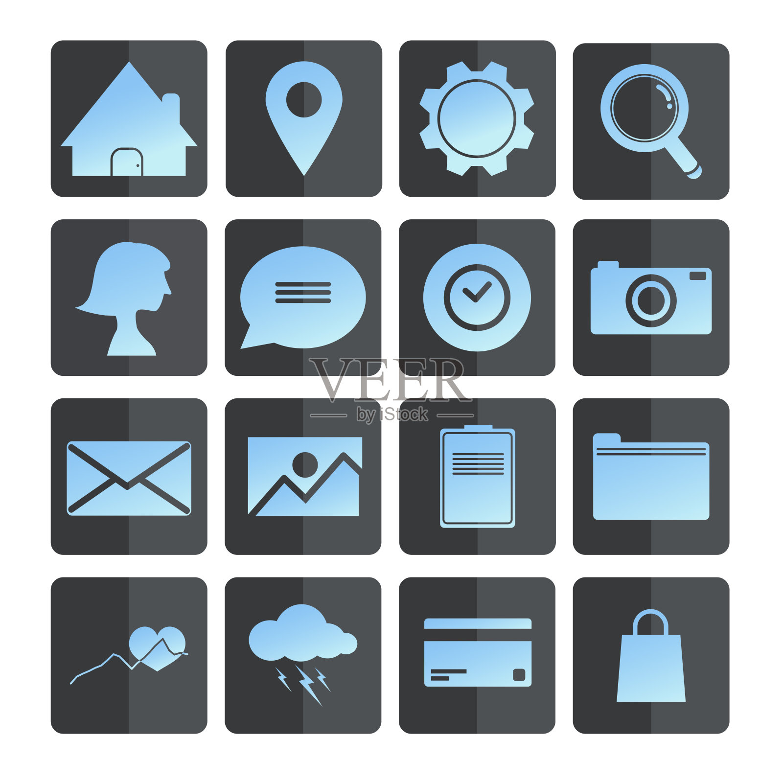 16个图标设计的渐变颜色与分裂的黑色按钮图标素材