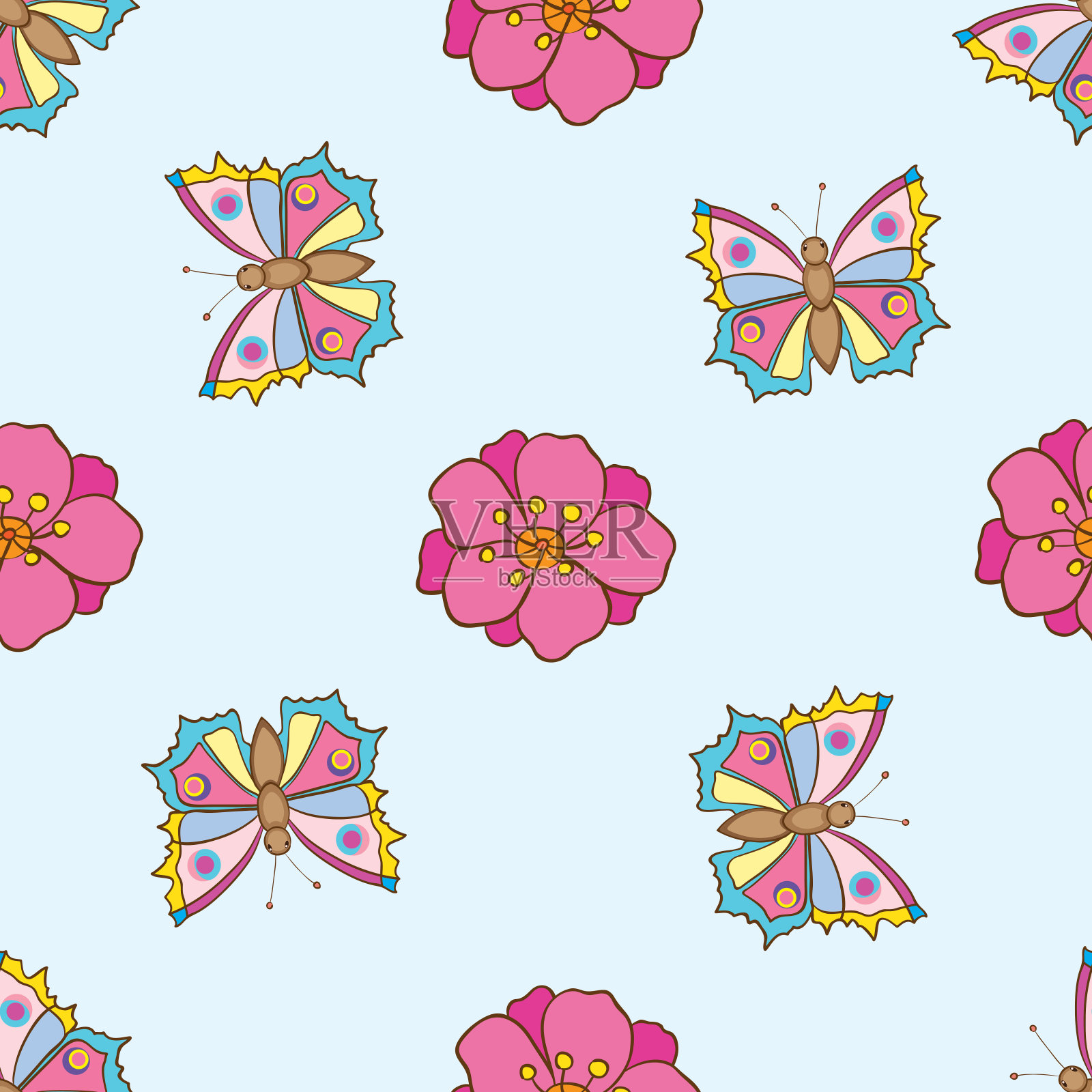 向量春天无缝图案与花和昆虫-02插画图片素材