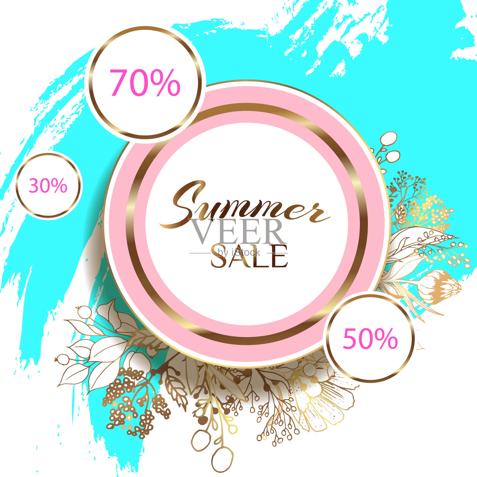 黄金框架。提供横幅向量。3d剪纸夏季。叶子和花从金色的线。粉色和蓝色背景。商场海报设计。矢量插图。插画图片素材