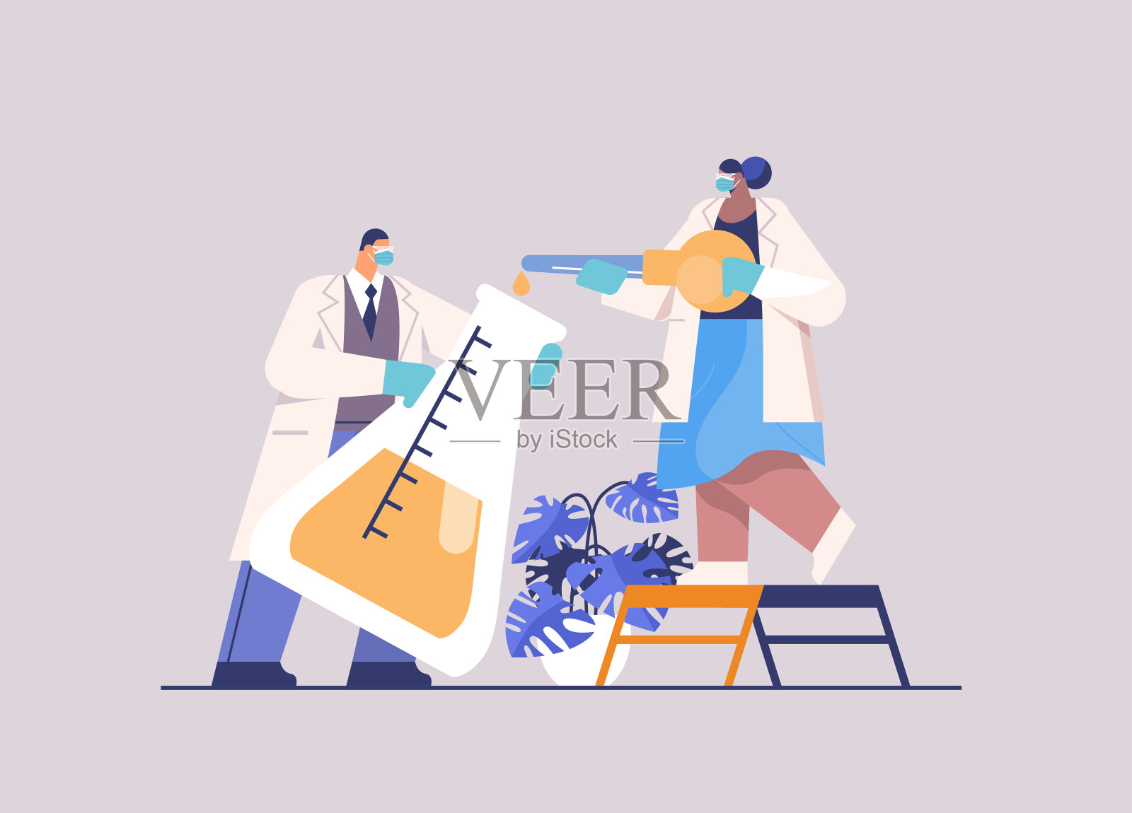 科学家小组用吸管将液体样本装入试管进行化学实验插画图片素材