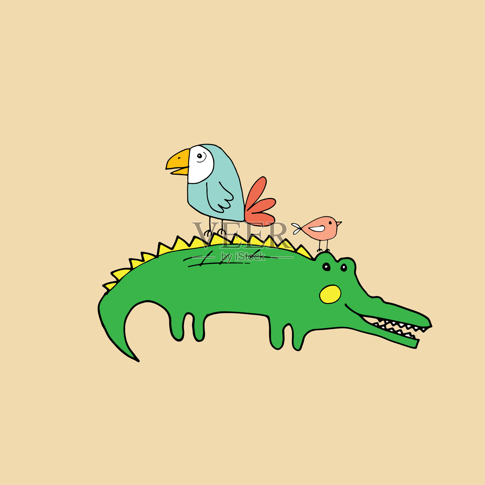 可爱的鳄鱼或短吻鳄和鸟类卡通动物,婴儿和儿童打印设计矢量插图插画图片素材