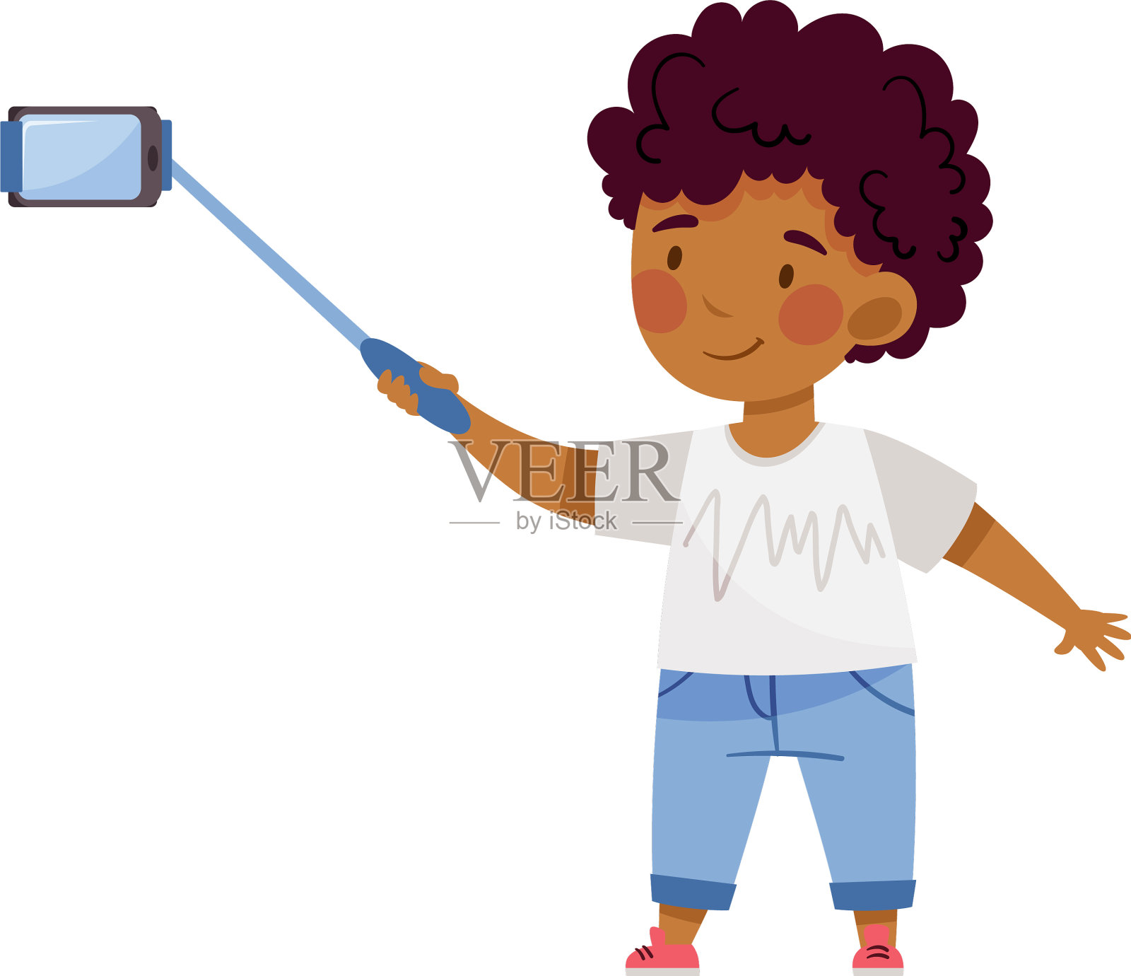 微笑的非裔美国男孩拿着自拍杆插画图片素材