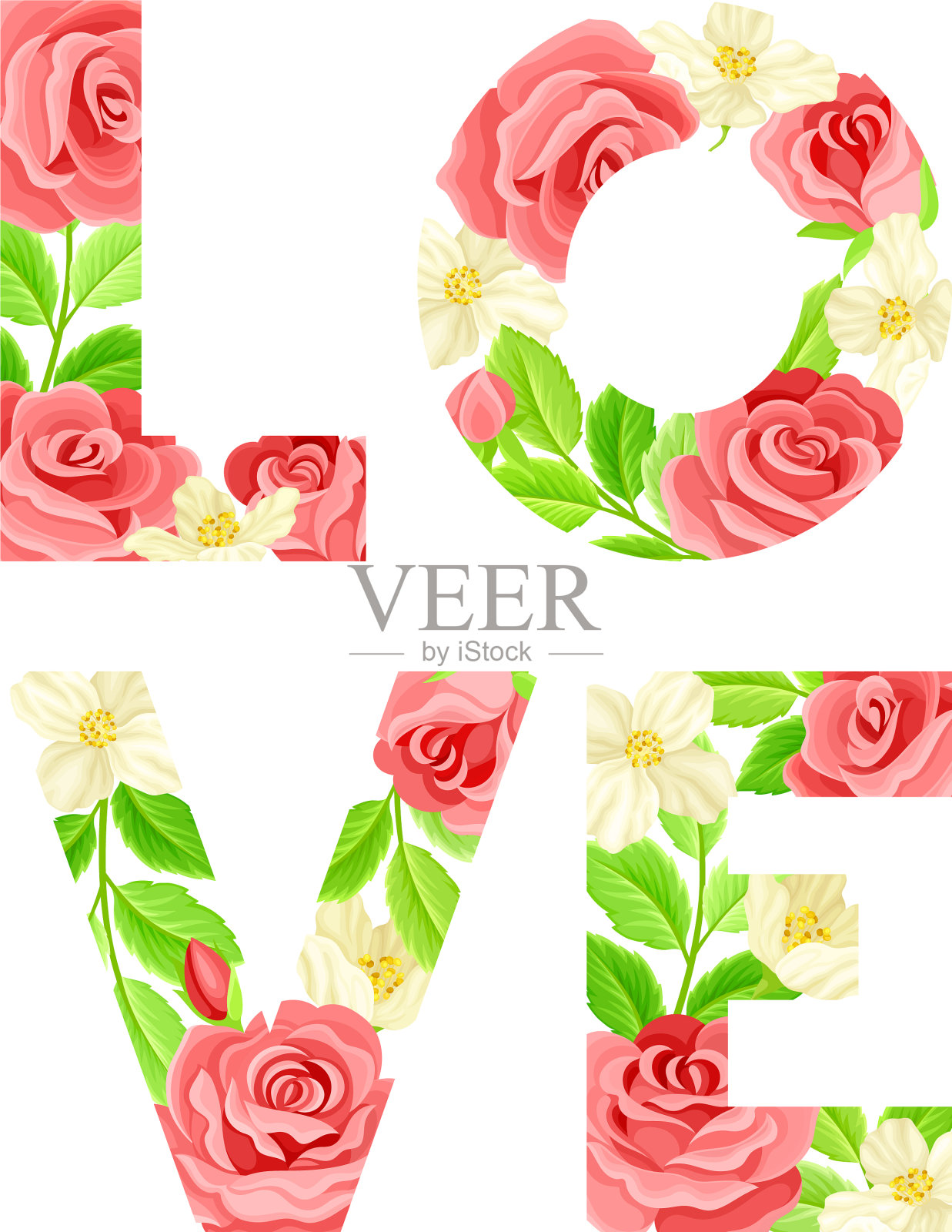 盛开的玫瑰与情话相框插画图片素材