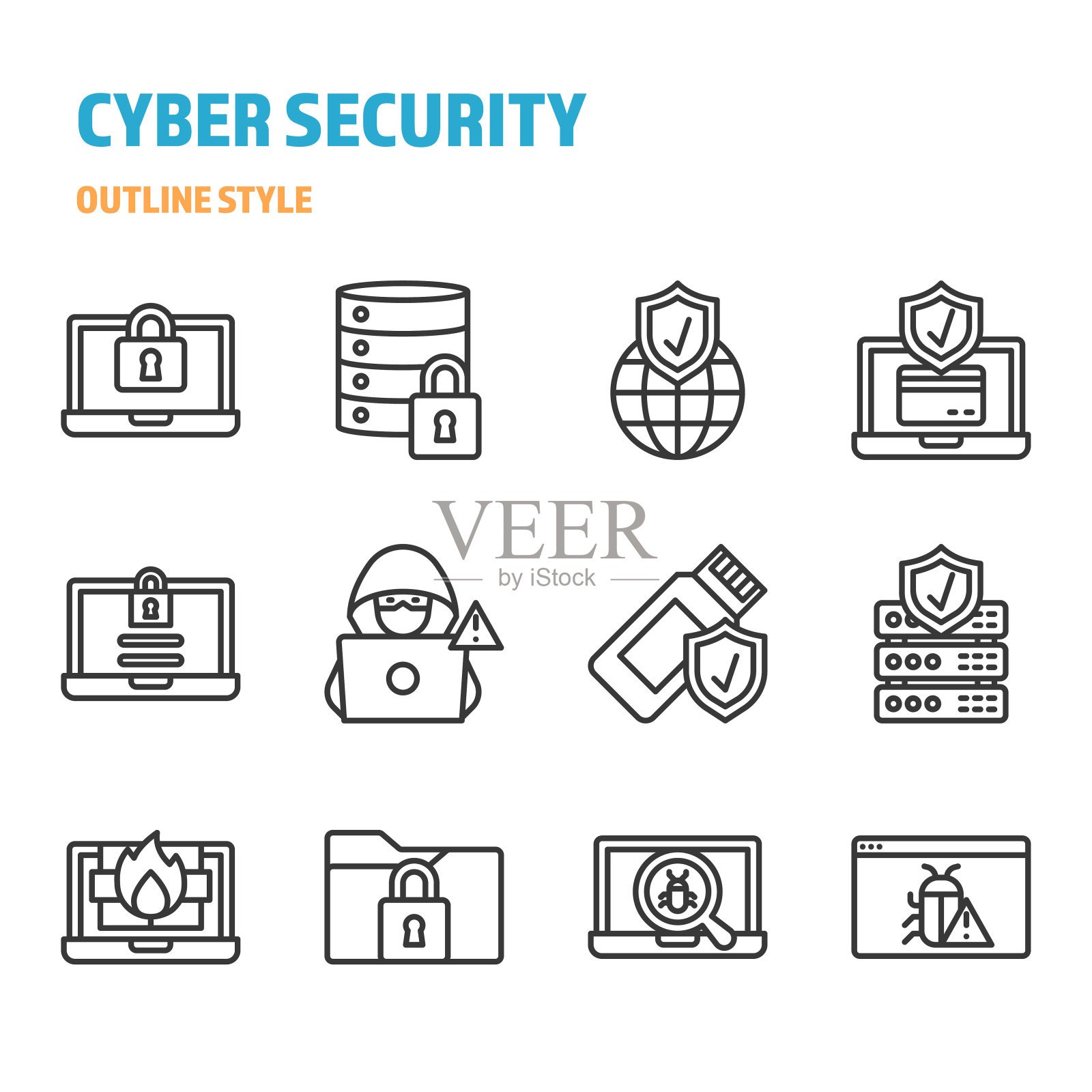 网络安全的轮廓图标和符号集插画图片素材