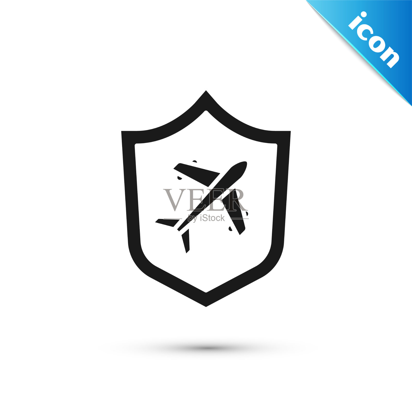 灰色飞机与盾牌图标隔离在白色图标素材