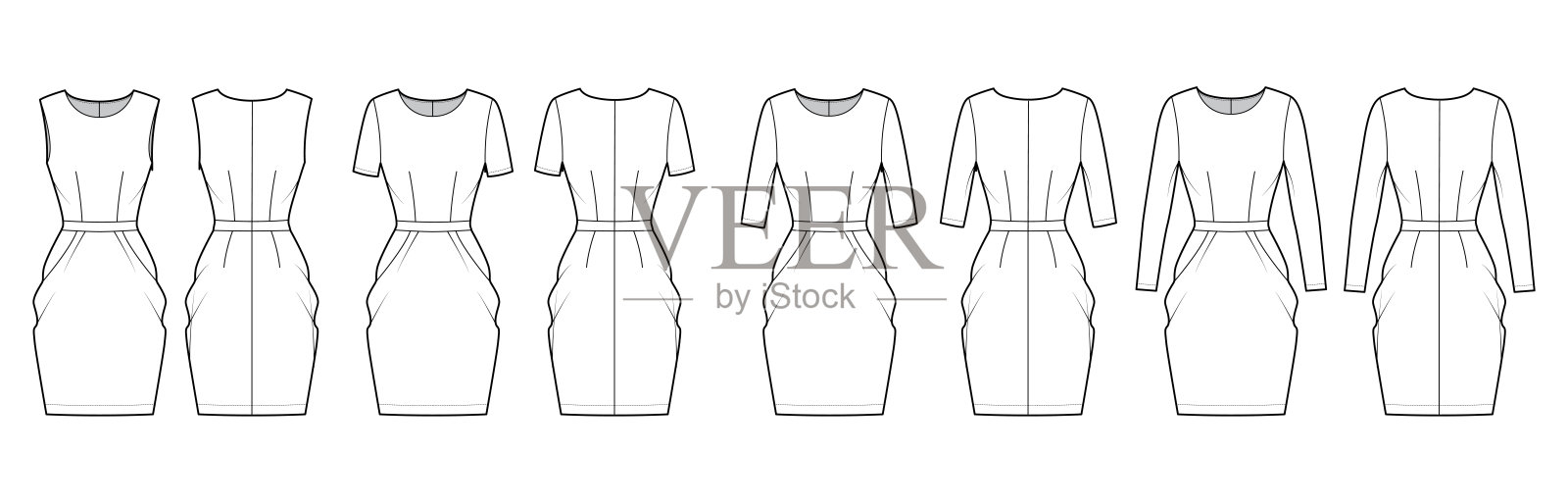 套连衣裙郁金香技术时尚插图与长肘短袖无袖,合身的身体,peg-top裙子插画图片素材