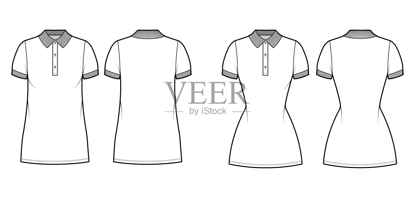 套裙polo时尚插图短袖,超大合身,迷你裙长铅笔裙,亨利领口插画图片素材