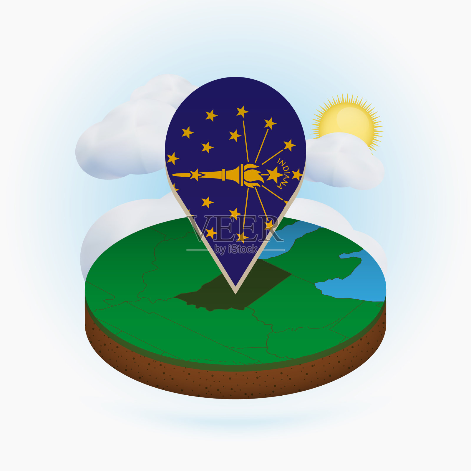 等距圆形地图美国州印第安纳和点插画图片素材