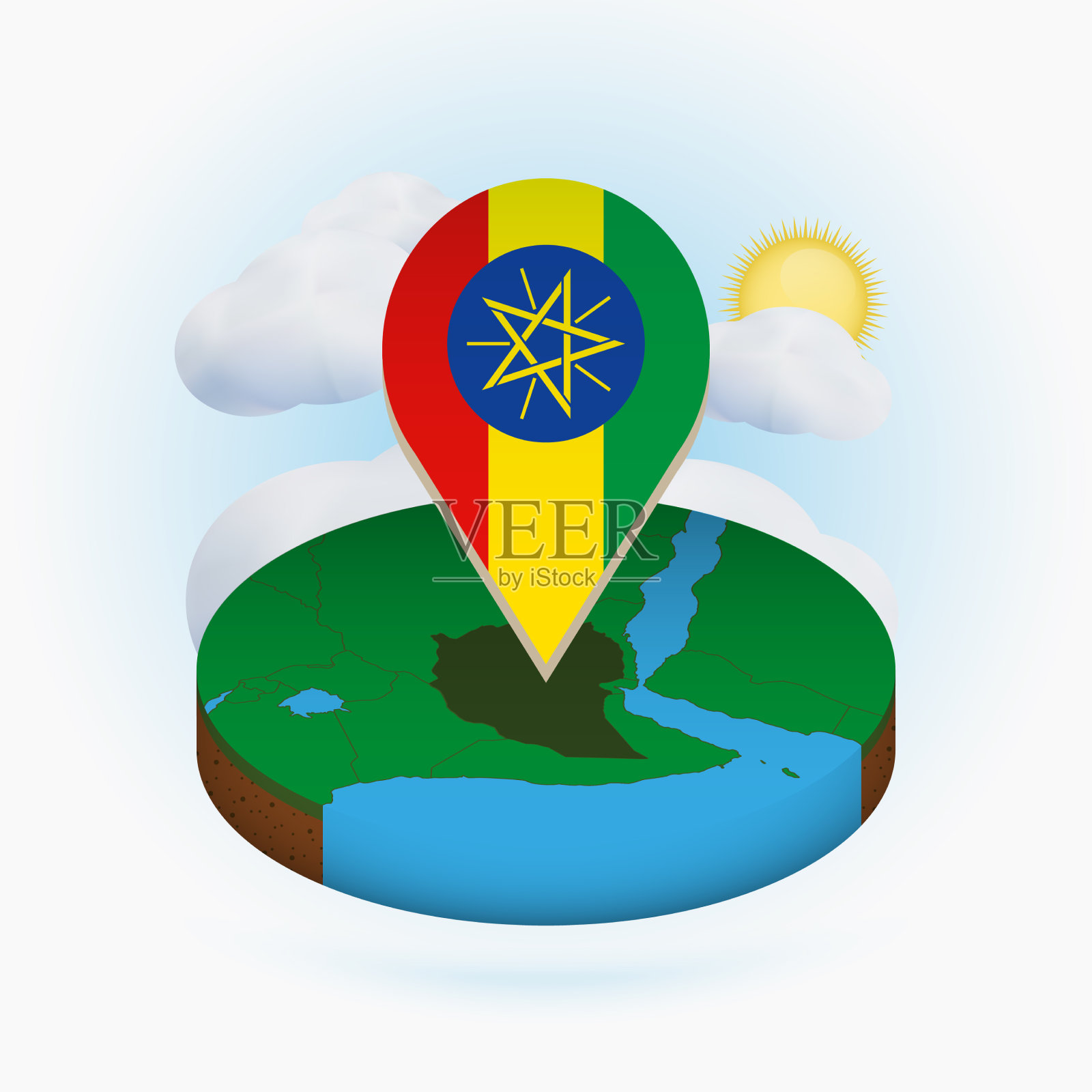 等距圆形地图埃塞俄比亚和点标记插画图片素材