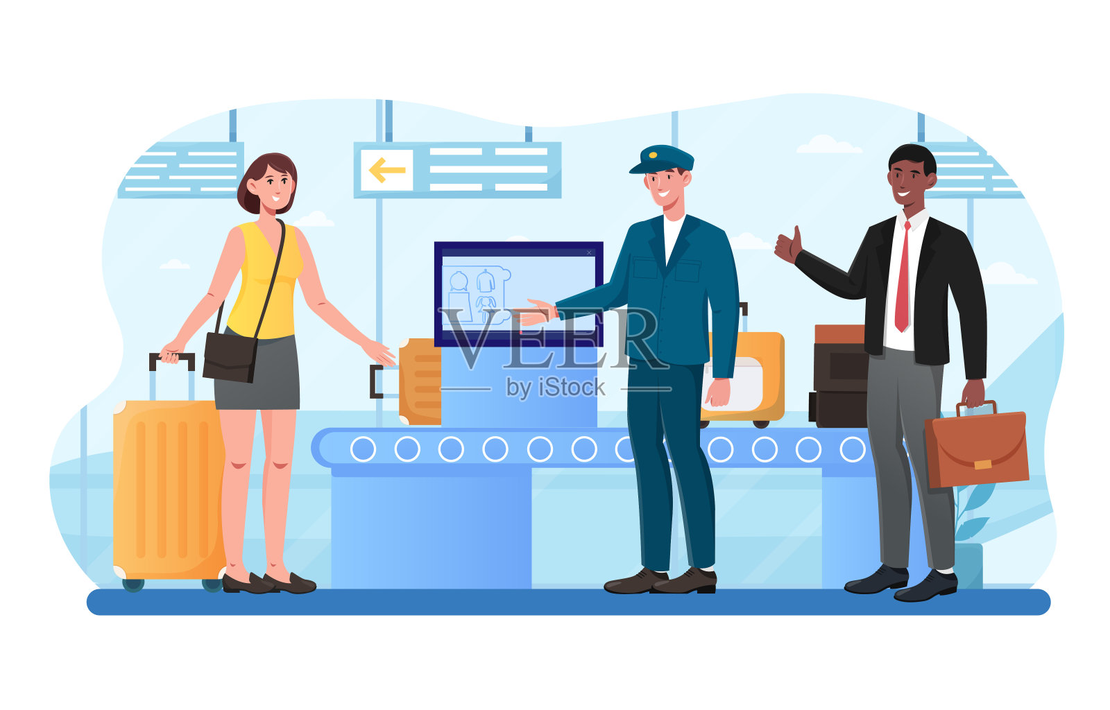 男女角色站在机场航站楼的行李落客点附近插画图片素材