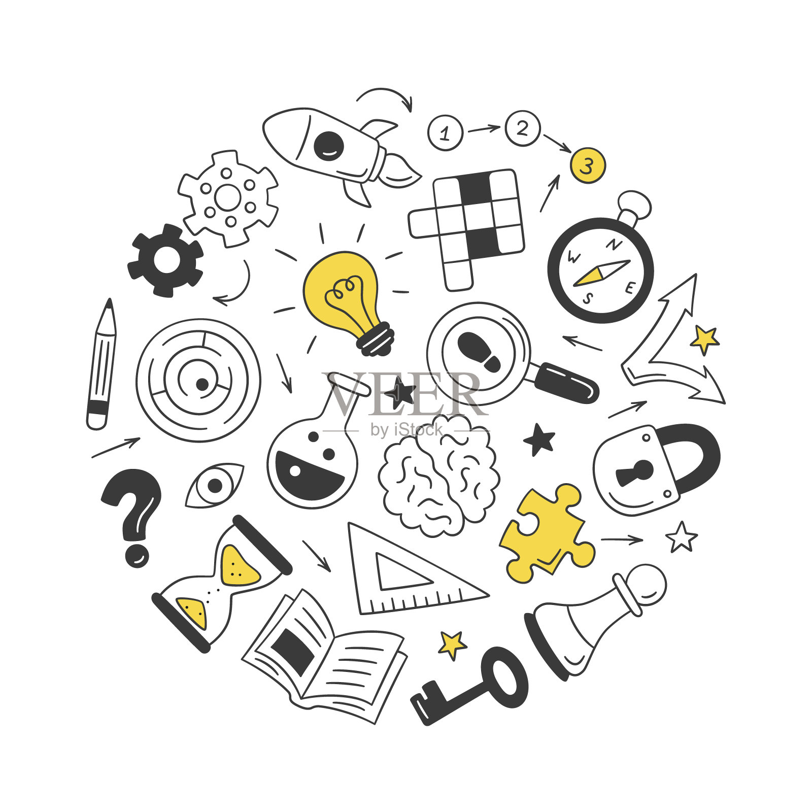 拼图和谜语。一组孤立的手绘对象。填字游戏,迷宫,大脑,棋子,灯泡,迷宫,齿轮,锁和钥匙。矢量插图在涂鸦风格的白色背景插画图片素材