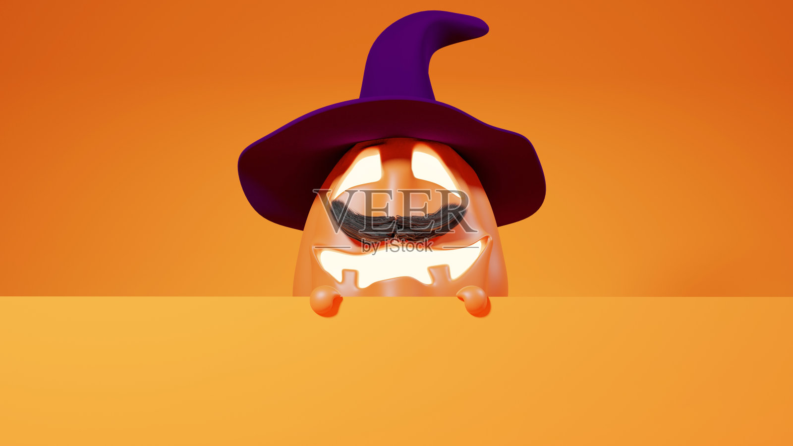 万圣节有趣的灯笼杰克南瓜与大黑胡子和在女巫的帽子。欢迎文字的自由空间。从3 d渲染。照片摄影图片