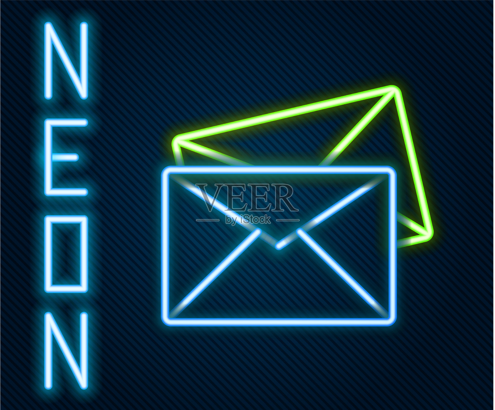 发光的霓虹灯线信封图标孤立在黑色插画图片素材