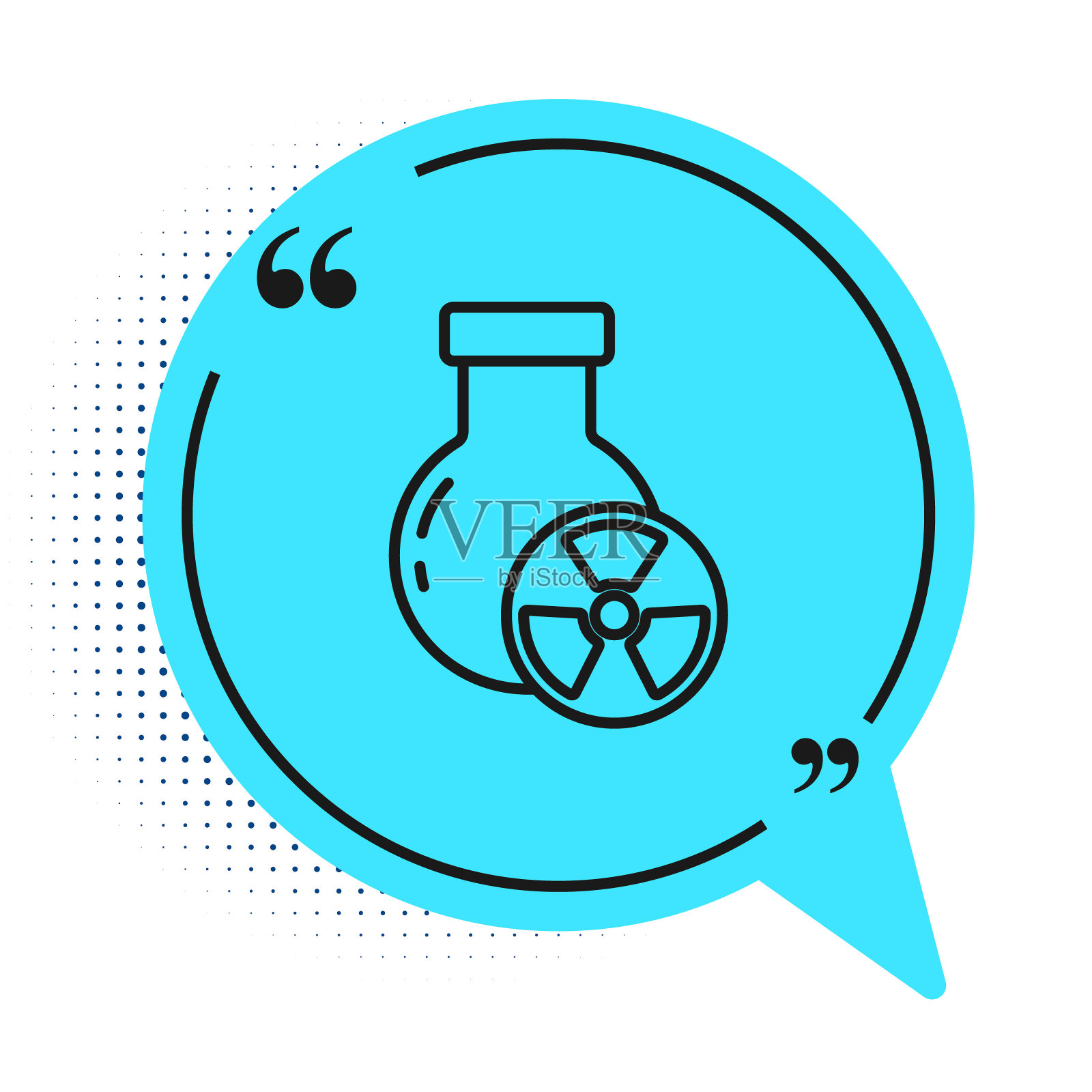 黑线实验室化学烧杯,白色背景上隔离有毒液体图标。生物危害的象征。带有辐射图标的危险符号。蓝色语音气泡符号。向量插画图片素材