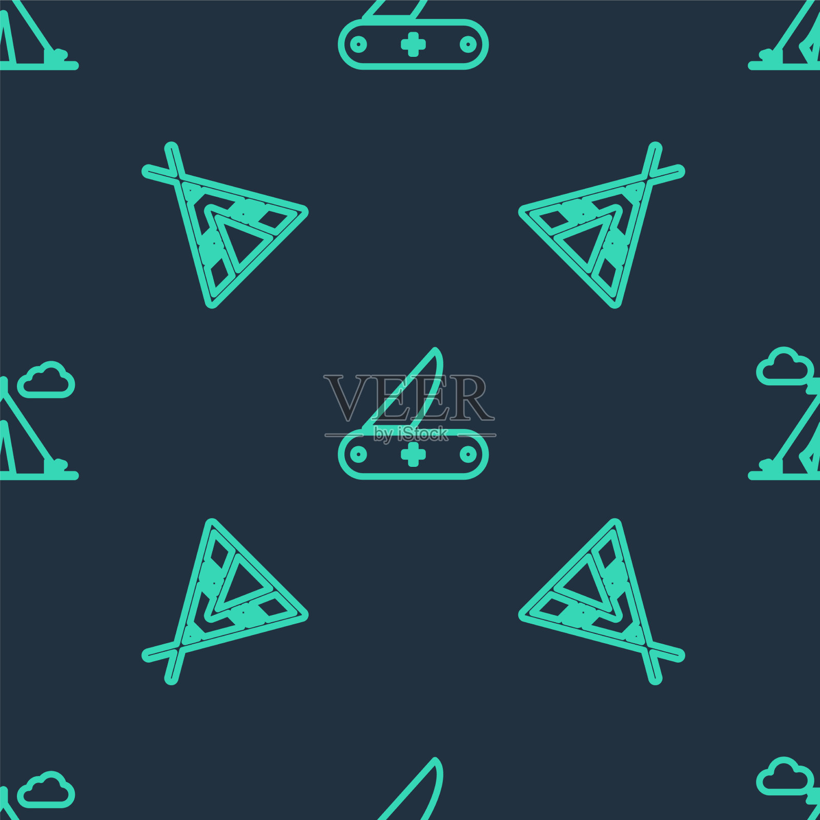 设行瑞士军刀旅游帐篷和带图标素材